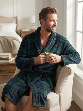 Polo by Ralph Lauren Green and Navy Plaid Fleece Robe
